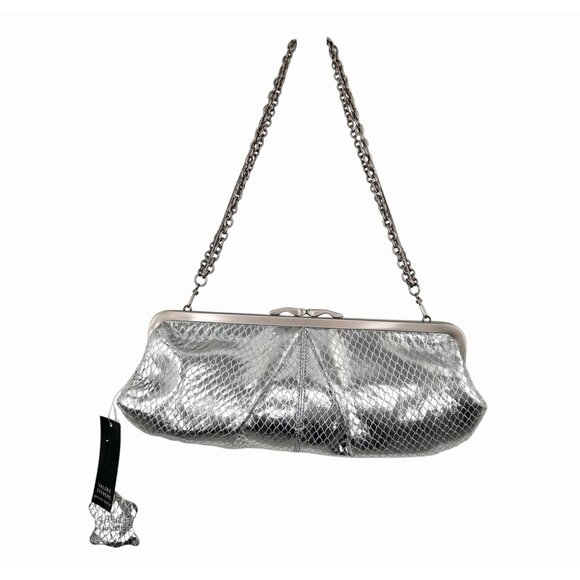NWT METALLIC SILVER SNAKE EMBOSSED LEATHER CLUTCH PURSE W/ MULTI CHAIN STRAP - Picture 2 of 7